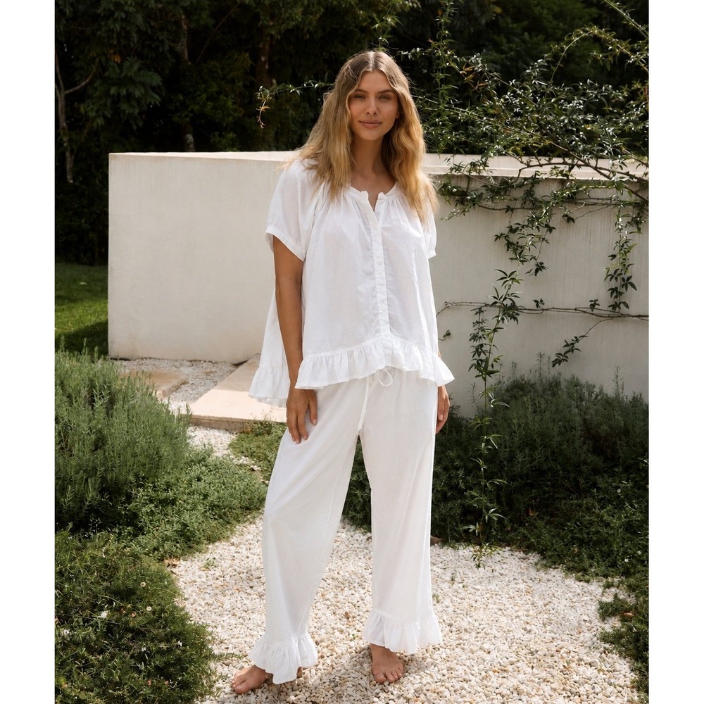 PIYAMA Sophie Pajama Sleep Set Size M White Cotton Modal Ruffle Top & Pants